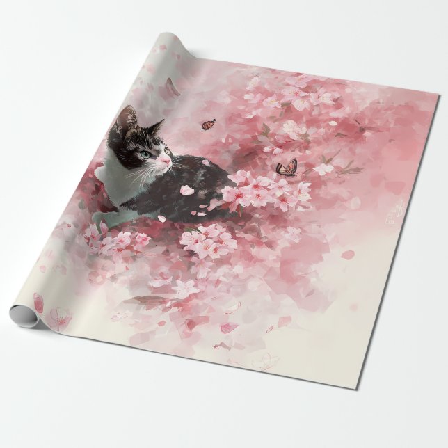 Papier Cadeau Chat Fleur de Cerisier et Papillons (8) (Déroulé)