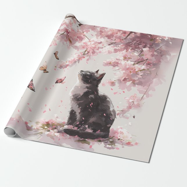 Papier Cadeau Chat Fleur de Cerisier et Papillons (9) (Déroulé)