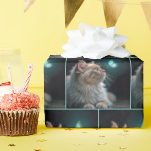 Papier Cadeau Chat Fluffé Avec Papillon Néon