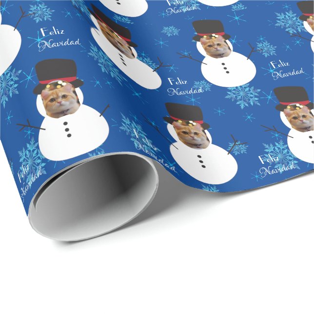 Papier Cadeau Chat Fun Visage Snowman Joyeux Noël espagnol Wrap (Coin rond)