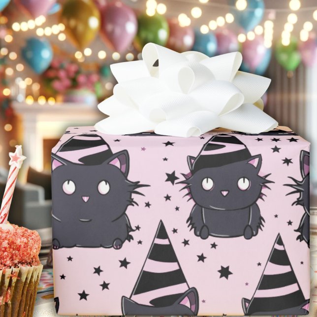 Papier Cadeau Chat Goth Chat Goth Rose Chat Kitty Noir Anniversa (pastel goth baby pink black kitty cat witchy wrapping paper witch cute whimsical witch hat stars)