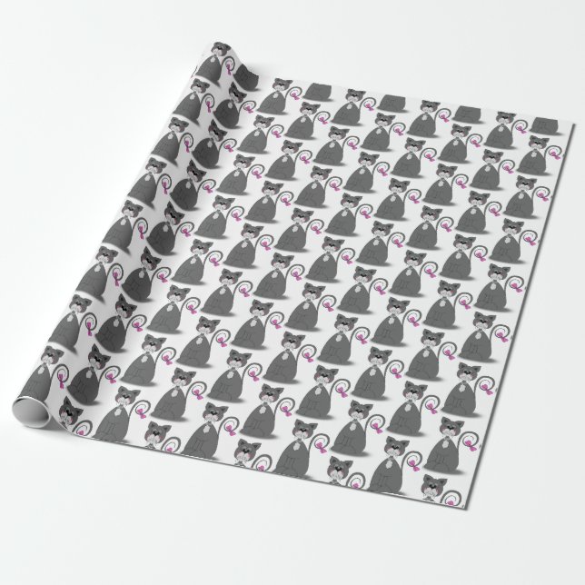 Papier Cadeau chat gris avec arc rose (Déroulé)