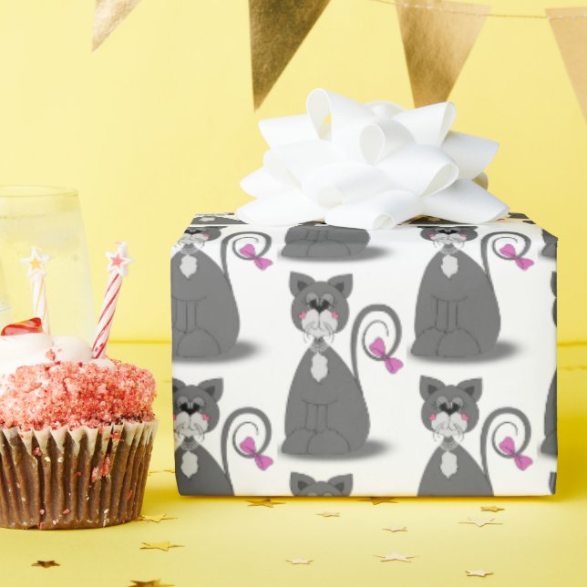 Papier Cadeau chat gris avec noeud rose (Fête d'anniversaire)