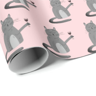 Papier Cadeau Chat Gris Avec Papier À Vin Rouge