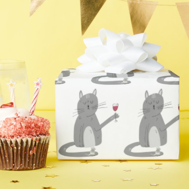 Papier Cadeau Chat gris et souris avec vin (Fête d'anniversaire)