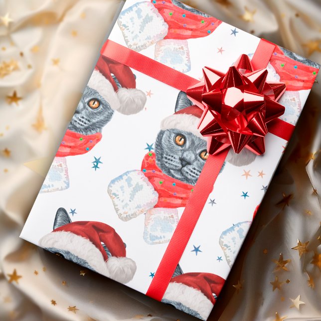 Papier Cadeau Chat Gris Mignon Aquarelle avec Écharpe et Chapeau (Créateur téléchargé)