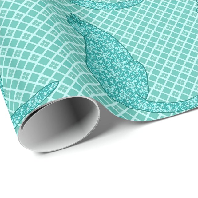 Papier Cadeau Chat japonais - Kimono turquoise (Coin rond)