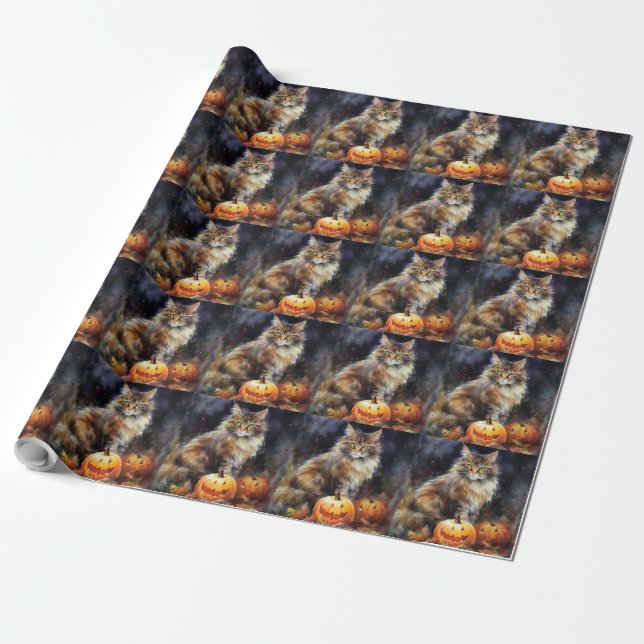 Papier Cadeau Chat Maine Coon Halloween avec citrouilles effraya (Déroulé)