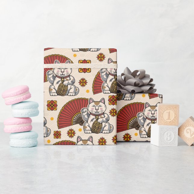 Papier Cadeau Chat Maneki Neko Asiatique  (Baby Shower)