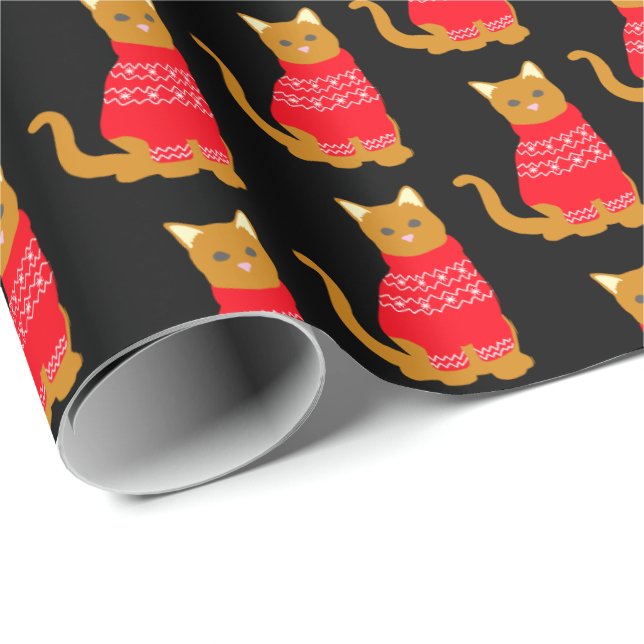 Papier Cadeau Chat mignon à Noël Jumper Rouge Noir Motif (Coin rond)