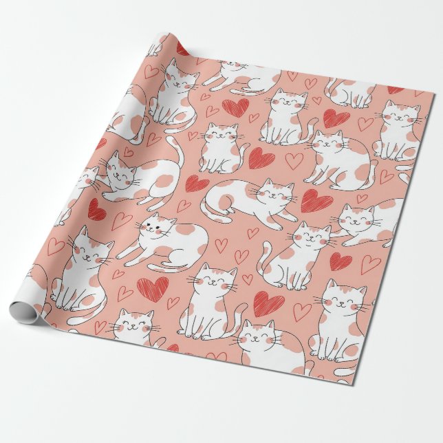 Papier Cadeau Chat mignon & Cœurs Motif de la Saint-Valentin (4) (Déroulé)
