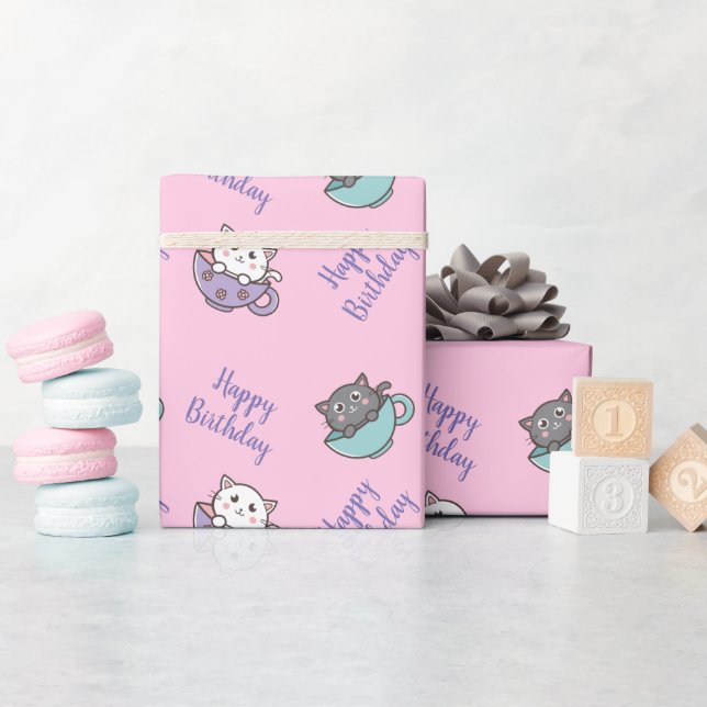 Papier Cadeau Chat mignon d'anniversaire dans la tasse rose (Baby Shower)