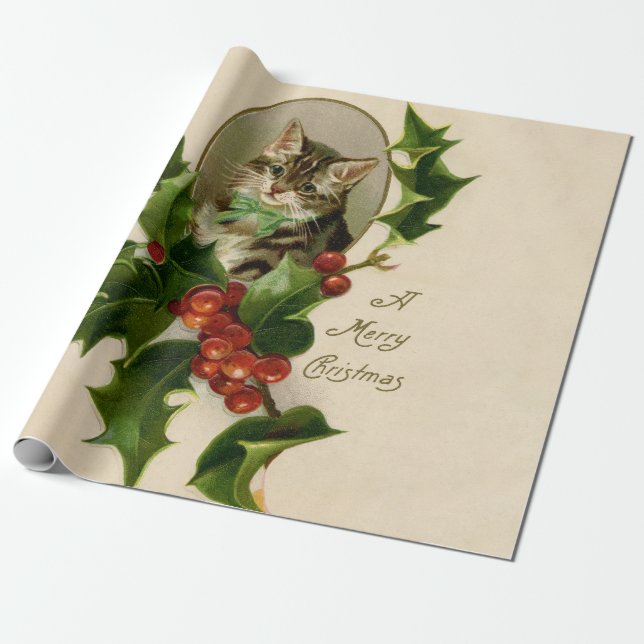 Papier Cadeau Chat Noël Joyau Holly Kitten Art antique (Déroulé)