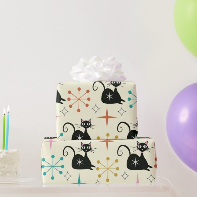 Papier Cadeau Chat noir atomique de milieu de siècle avec des ex (Cadeaux de fête)