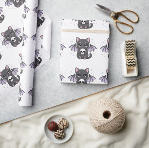 Papier Cadeau Chat noir aux ailes de chauve-souris violettes ser