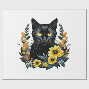 Papier Cadeau chat noir avec des fleurs