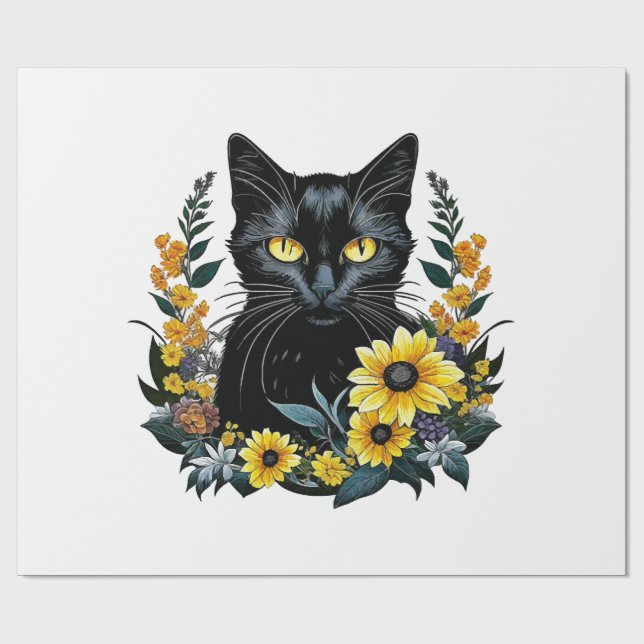 Papier Cadeau chat noir avec des fleurs (Plat)