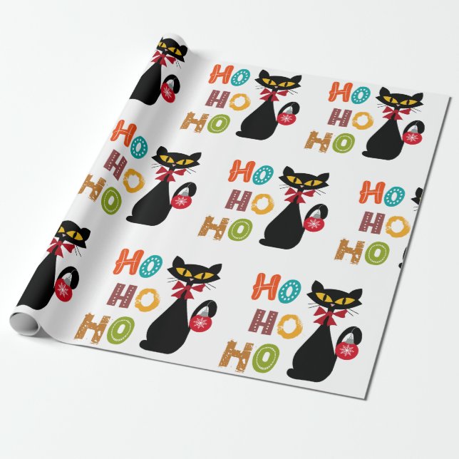 Papier Cadeau Chat noir avec design de texte Ho Ho Ho (Déroulé)