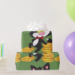 Papier Cadeau Chat Noir Avec Pièces de Monnaie Personnage Mignon