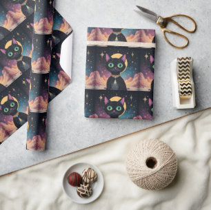 Papier Cadeau Chat noir cosmique futuriste atomique au clair de