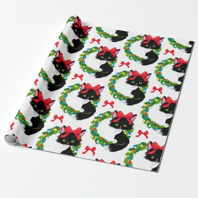 Papier Cadeau Chat Noir de Noël Avec Botte Rouge (Déroulé)