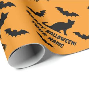 Papier Cadeau Chat noir effrayant et chauves-souris Halloween pe