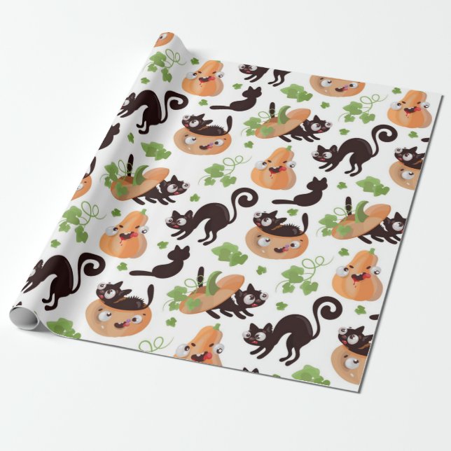 Papier Cadeau Chat Noir Et Citrouille Motif Halloween (Déroulé)