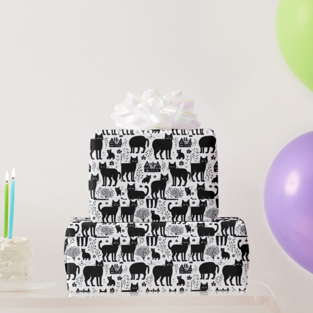 Papier Cadeau Chat noir maison botanique motif blanc (Cadeaux de fête)