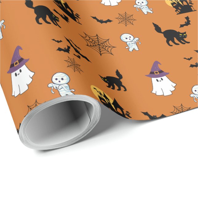 Papier Cadeau Chat noir mignon Halloween   (Coin rond)