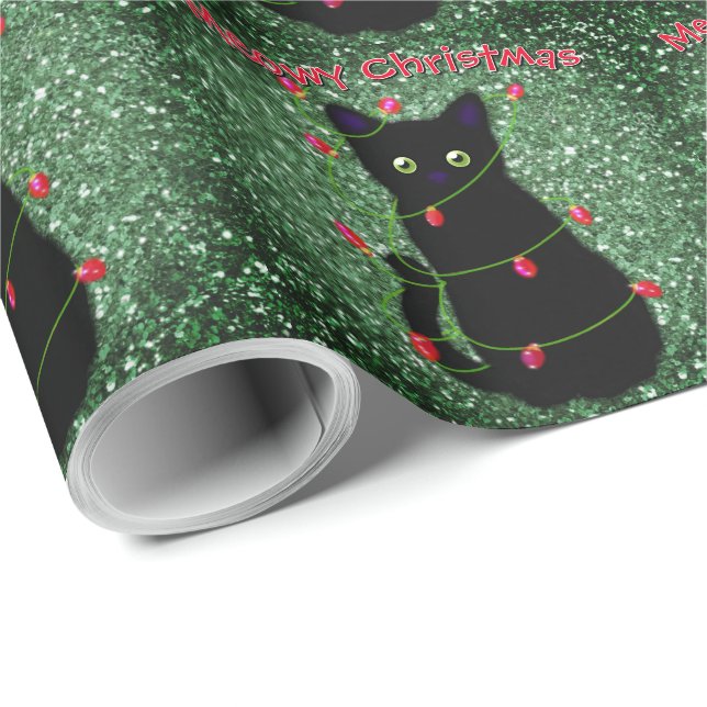 Papier Cadeau Chat noir mignon Meowy Noël scintillants lumières (Coin rond)