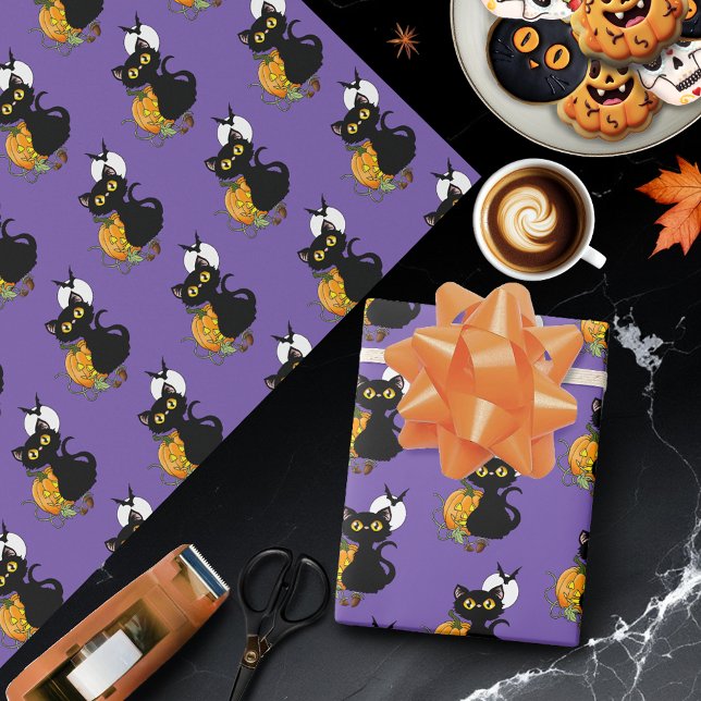 Papier Cadeau Chat noir mignon violet effrayant Halloween Citrou (Créateur téléchargé)