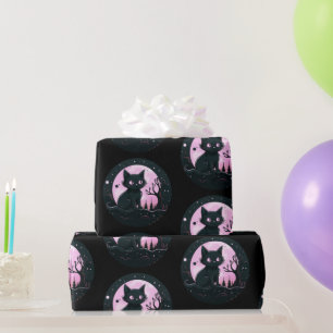 Papier Cadeau Chat noir pleine lune rose céleste Halloween noir