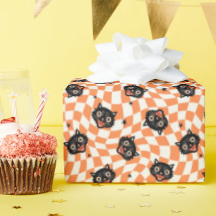 Papier Cadeau Chat noir rétro Motif chèque orange
