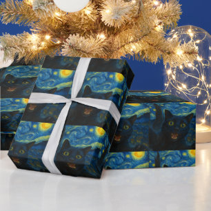 Papier Cadeau Chat noir Starry Nuit Van Gogh Chat Selfie