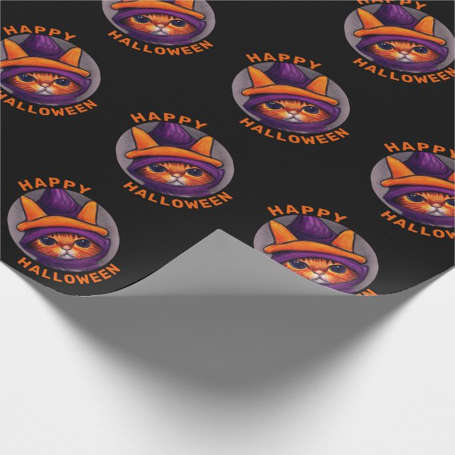 Papier Cadeau Chat orange avec chapeau de sorcière violet Joyeux (Coin)
