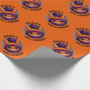 Papier Cadeau Chat orange avec sorcière violette Casquette Bonne