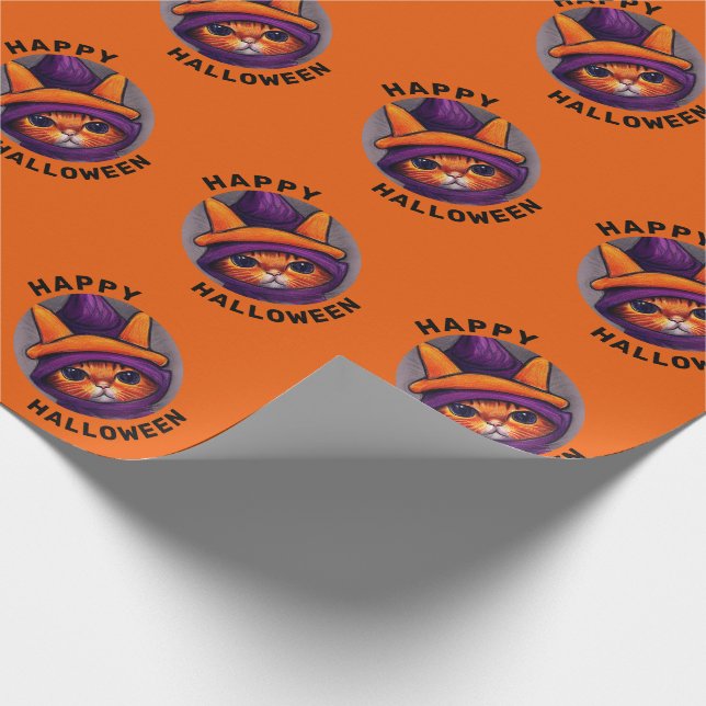 Papier Cadeau Chat orange avec sorcière violette Casquette Bonne (Coin)