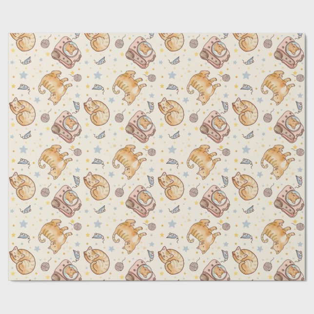 Papier Cadeau Chat orange dans un sac à dos, étoiles et fil (Couture)