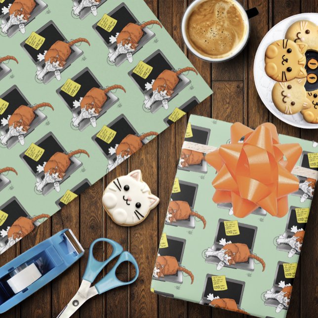 Papier Cadeau Chat Orange Drôle Ordinateur Portable Vert Travail (Créateur téléchargé)