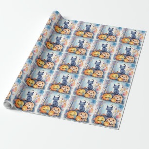 Papier Cadeau Chat Oriental Bleu d'Halloween avec des Citrouille