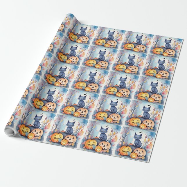 Papier Cadeau Chat Oriental Bleu d'Halloween avec des Citrouille (Déroulé)