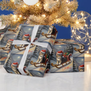 Papier Cadeau Chat Père Noël de Noël mignon sur la Sleigh