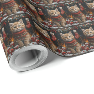 Papier Cadeau Chat Persan avec cheminée de cadeaux de Noël