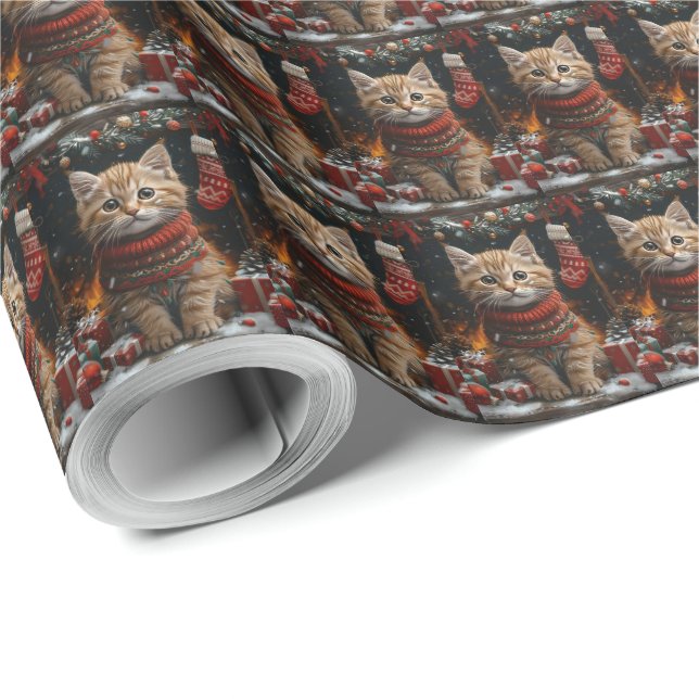 Papier Cadeau Chat Persan avec cheminée de cadeaux de Noël (Coin rond)
