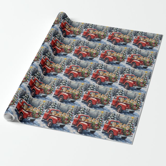 Papier Cadeau Chat Persan camion rouge Noël vacances (Déroulé)
