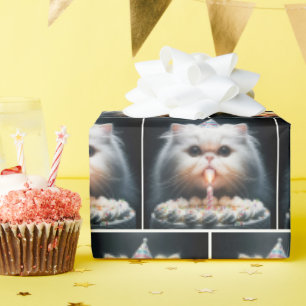 Papier Cadeau Chat perse avec gâteau d'anniversaire