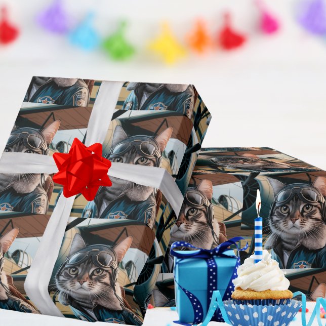 Papier Cadeau Chat pilote d'anniversaire & Avion Cool Drôle Avia (Créateur téléchargé)