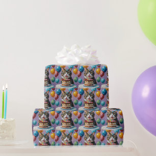 Papier Cadeau Chat Profitant De L'Art Acrylique Du Gâteau Annive