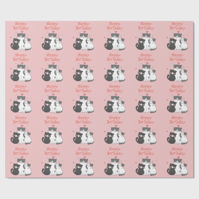 Papier Cadeau Chat rose et chatons mignonne joyeux anniversaire (Plat)