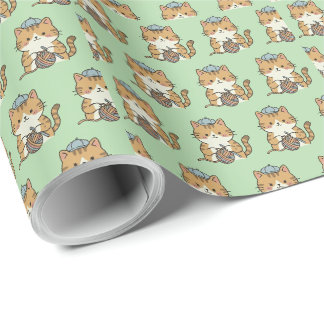 Papier Cadeau Chat roux au crochet Balle de laine Verte Pièce es